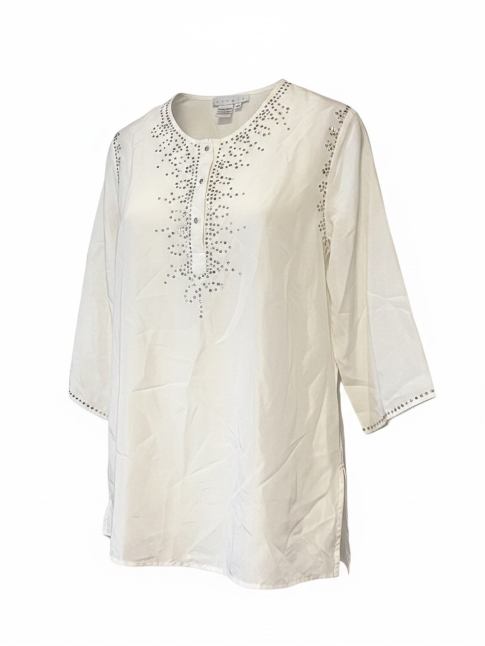 Ninety Ivory‎ Lightweight Silk ¾ Sleeve Blouse Rhinestone Button Sequin Beaded